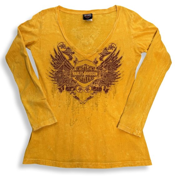 Harley-Davidson Shirt‎ Womens L Gold V-Neck Long Sleeve Smoky Mtn Pigeon Forge - Picture 1 of 11